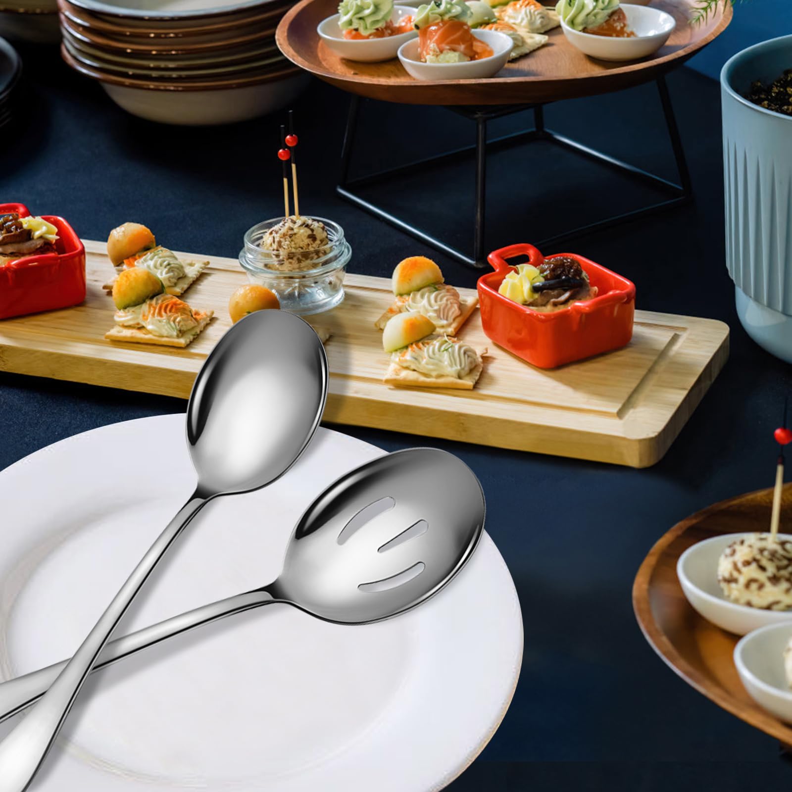4-teiliges Edelstahl-Servierlöffel-Set, 25,4 cm, inklusive 2 großen, 2 Schlitzen, für Partys/Küche/Buffet/Catering, spülmaschinenfest