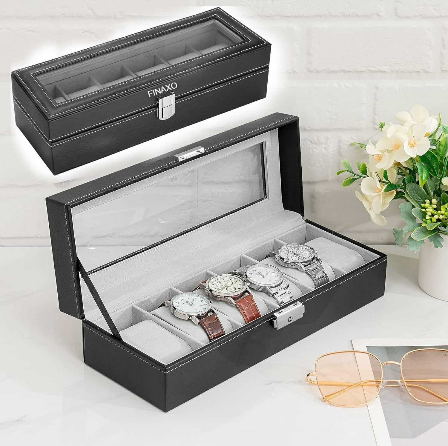 Finaxo® Premium 6 Slot Watches Storage Box Holder Organizer | Watch Box Organizer with Transparent Window | PU Leather Lockable Watch Case with Removable Watch Pillow for Men and Women (B0CKFCXKTJ) Amazon Price History, Amazon Price Tracker