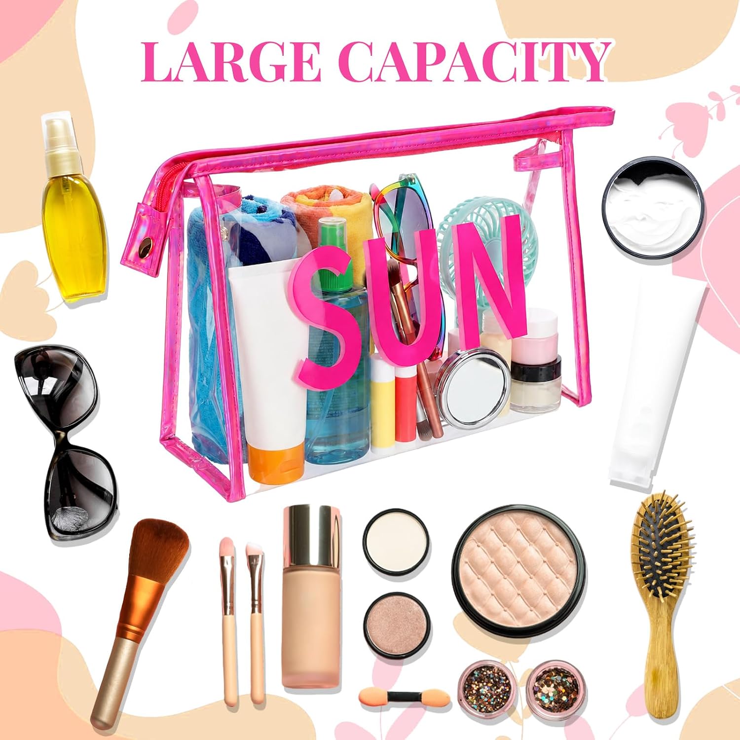 Meanplan 6 Pieces Clear Sunscreen Bag Waterproof Makeup Toiletry Pouch 10.2'' x 7'' x 3.5'' Large Travel Cosmetic Bag Portable Organizer Beach Vacation Essentials for Women Girls Summer Pool(Sun,Pink)