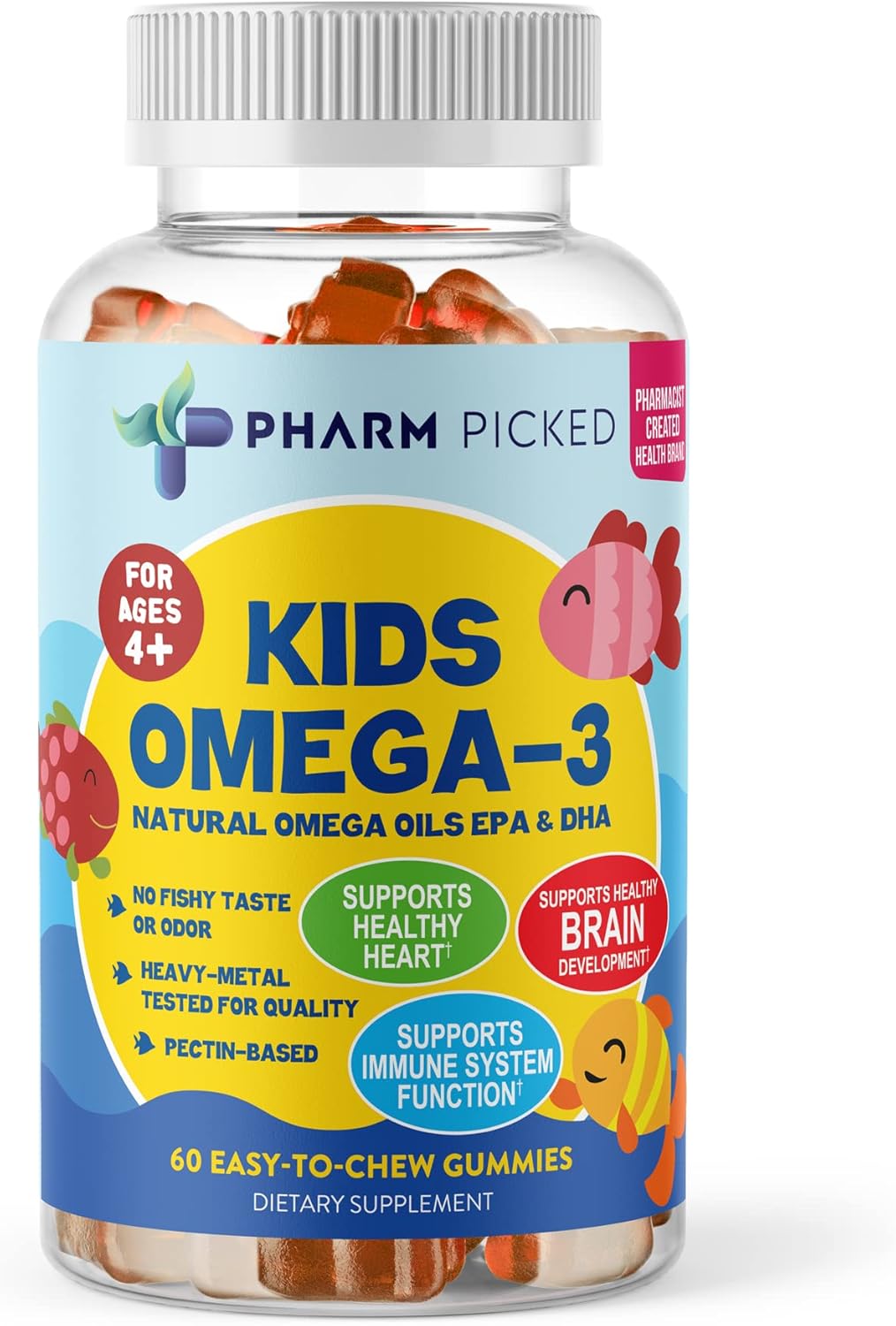 PHARM PICKED Kids Omega-3 DHA Gummies – Brain & Eye Support – Vegan Plant-Based Omega from Algal Oil – No Fishy Taste – Ages 4 60 Gummies