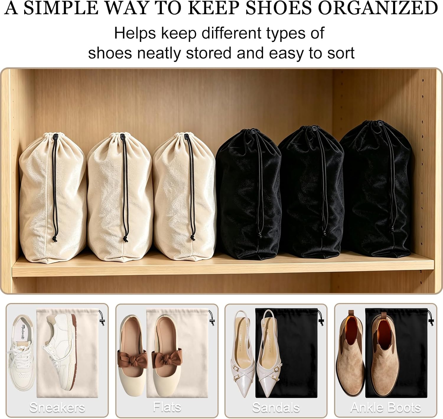 6 Pcs Shoe Bags for Travel Packing,Flannel Drawstring Shoe Bag,Black Beige
