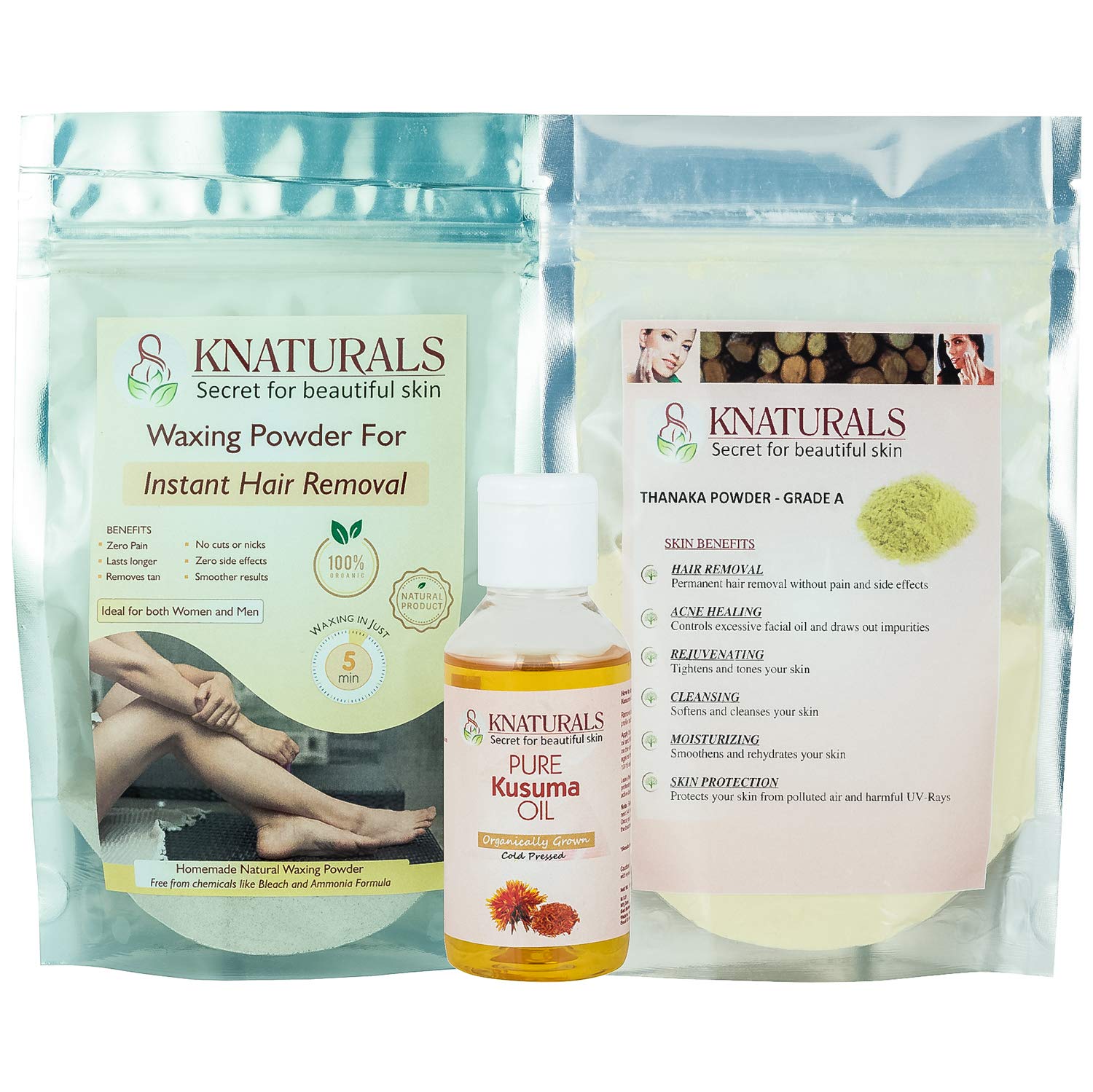 KNATURALS Thanaka Powder, 50 g and Kusuma Oil, 100 ml (Pack of 2) with Waxing Powder, 50 g