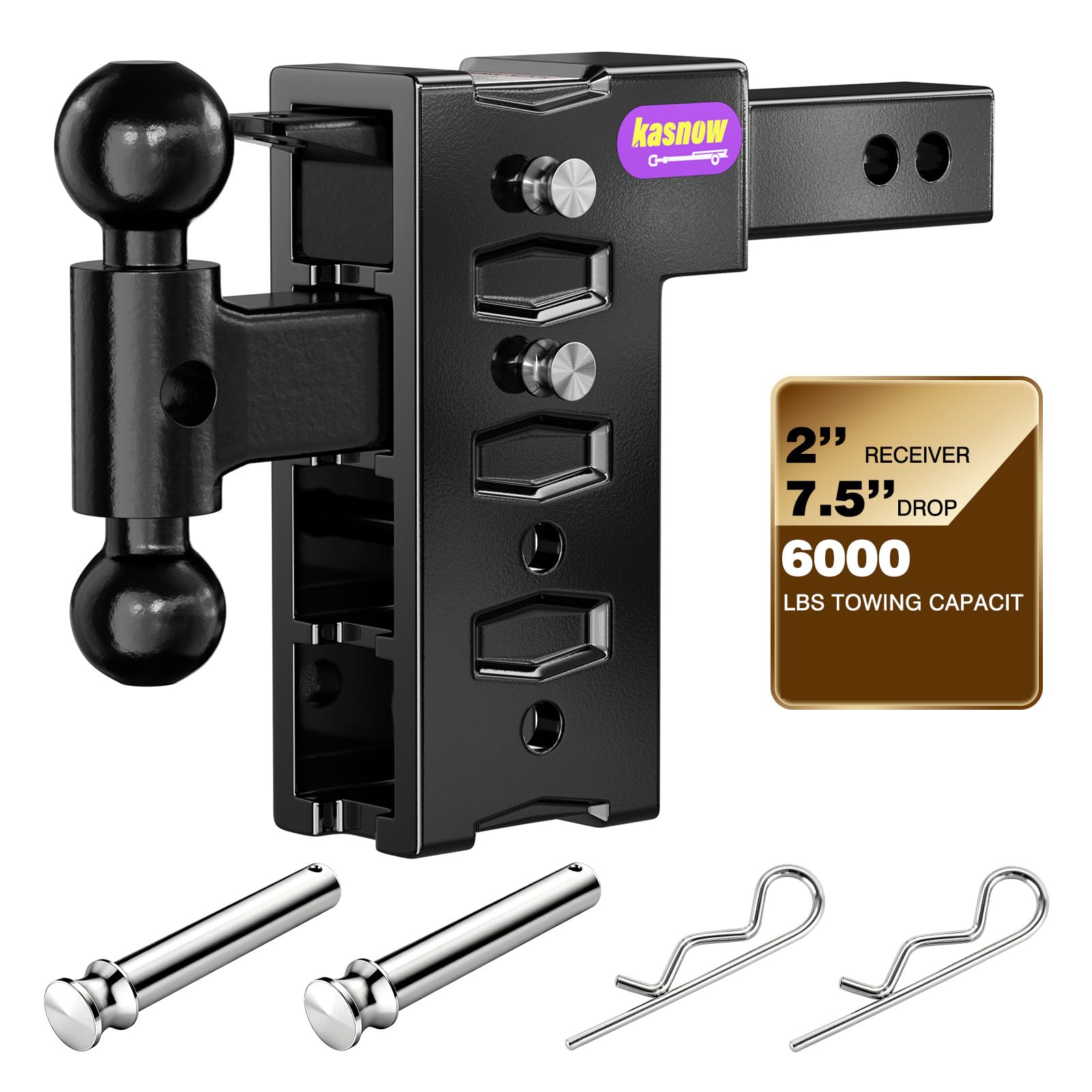 Adjustable Trailer Hitch for 2" Receiver 6000 LBS Towing Capacity, Tow Hitch with 7.5" Drop/Rise, Dual Ball Mount (2" &amp; 2-5/16") with Pintle Lock&amp;Locking Hitch Pins, Drop Hitch for Trucks