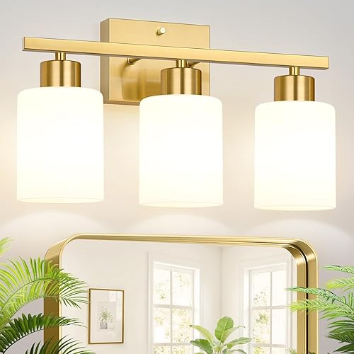 Accesorios de iluminación de baño de 3 luces, luz de tocador de oro cepillado, luz de tocador de baño con pantallas de vidrio esmerilado blanco