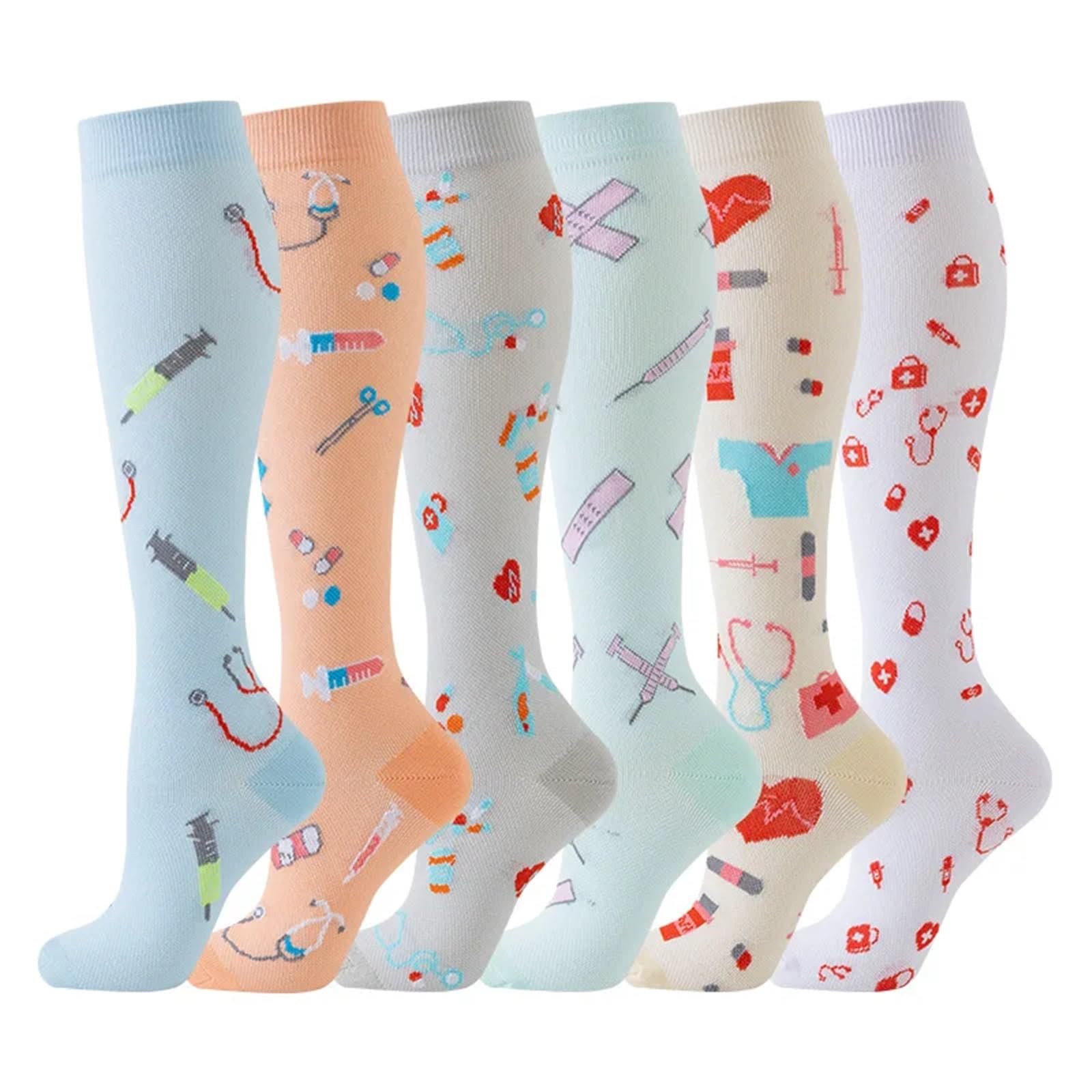 6 par/lote calcetines de compresión animales coloridos senderismo baloncesto fútbol presión varicosa medias de nailon hombres mujeres triangulación de envíos(Medical Pattern Set,S-M)