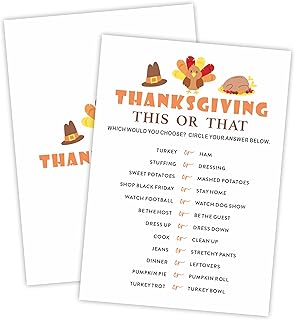 Thanksgiving Game Set - This Or That - 30 Pcs Double-Sided Fill In Style Game Cards For Family, Friends, Classroom Party Activities & Supplies - A01