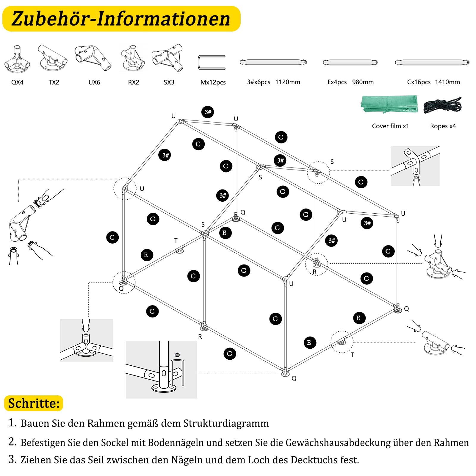 Szklarnia 6㎡ z ocynkowanej ramy żelaznej, szklarnia ogrodowa z namiotem foliowym i oknami z siatki, tunel foliowy, odporna na warunki zimowe, do zielonych pomidorów (zielona, 3 x 2 x 2 m)
