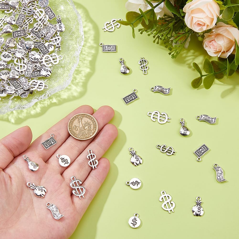 DICOSMETIC 98Pcs 7 Styles Money Charms Bulk Dollar Sign Charm Alloy Dollar Bill Charm 100 Sign Cash Charms Currency Pendant Metal Bill Pendants for DIY Necklace Bracelet Earring Jewelry Making - Image 3