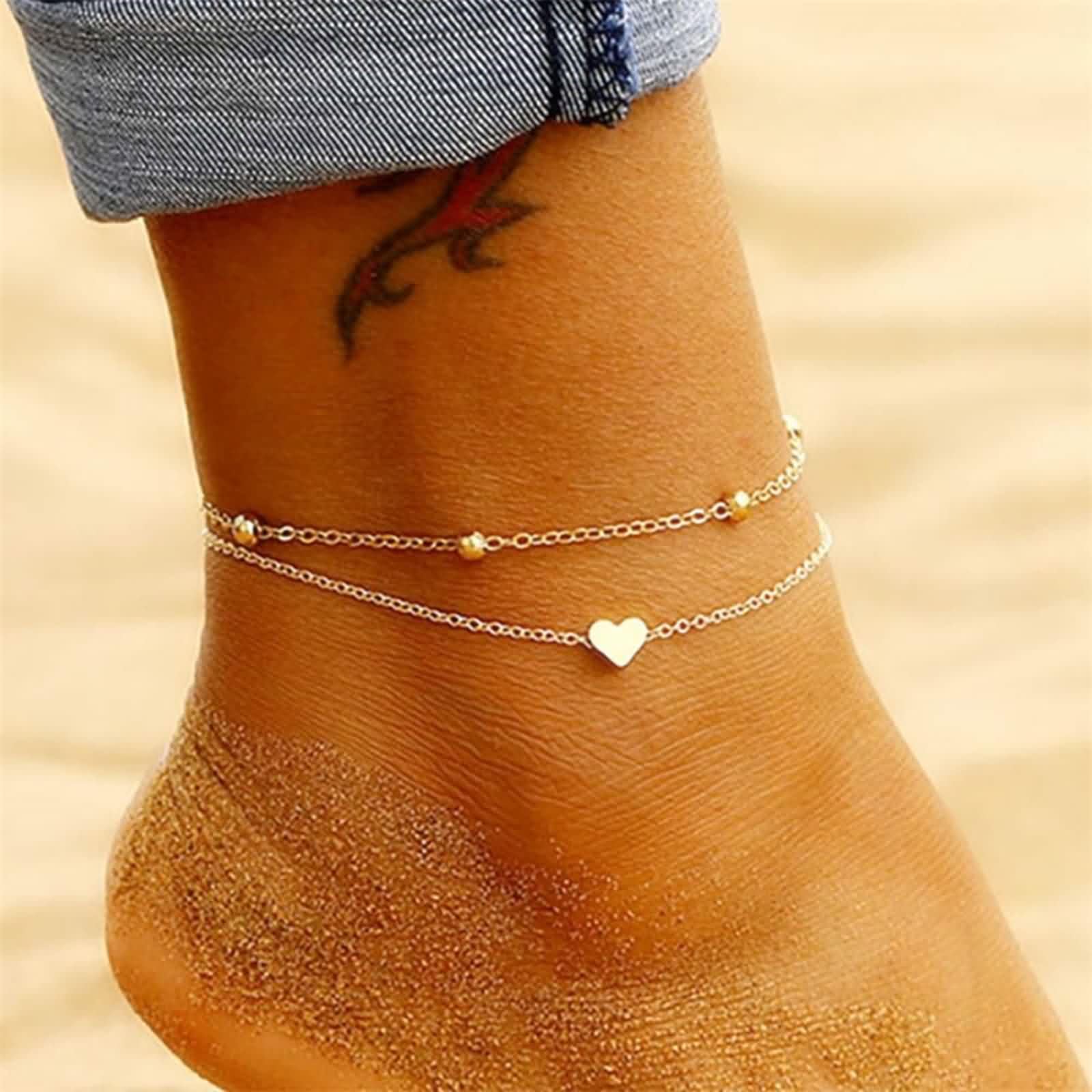Tobillera para mujer, resistente al agua, oro blanco de 14 K, Au585, oro 585, cadena doble con corazón, tobilleras bohemias para mujer, verano, vacaciones, para mujeres, niñas, madre para mujer