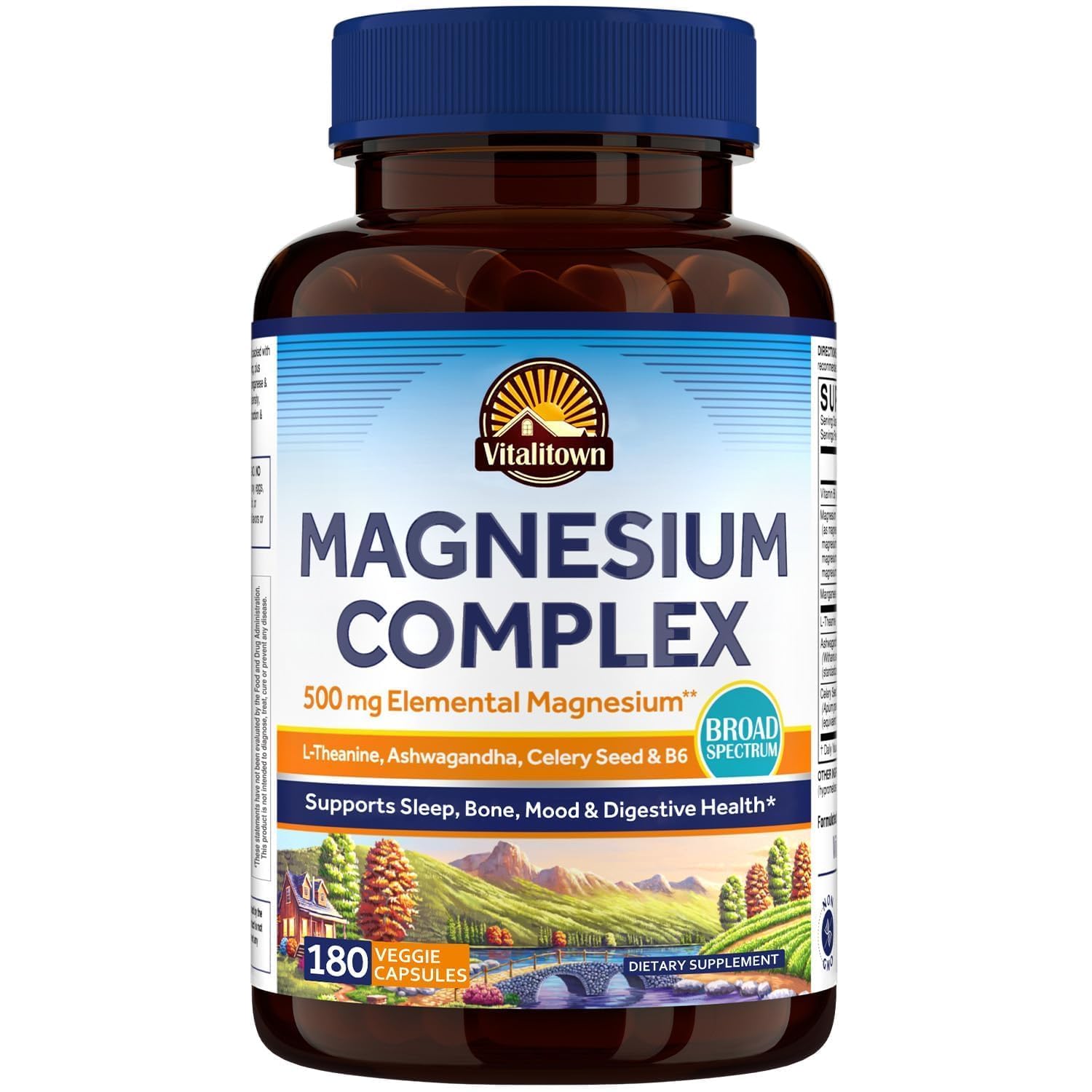 Vitalitown Magnesium Complex Supplement, Magnesium Glycinate, Citrate & Taurate, L-theanine, Ashwagandha, Celery Seed, Vitamin B6, Bone, Mood, Sleep, Heart Health, 180 Veggie Capsules 180 Count (Pack of 1)