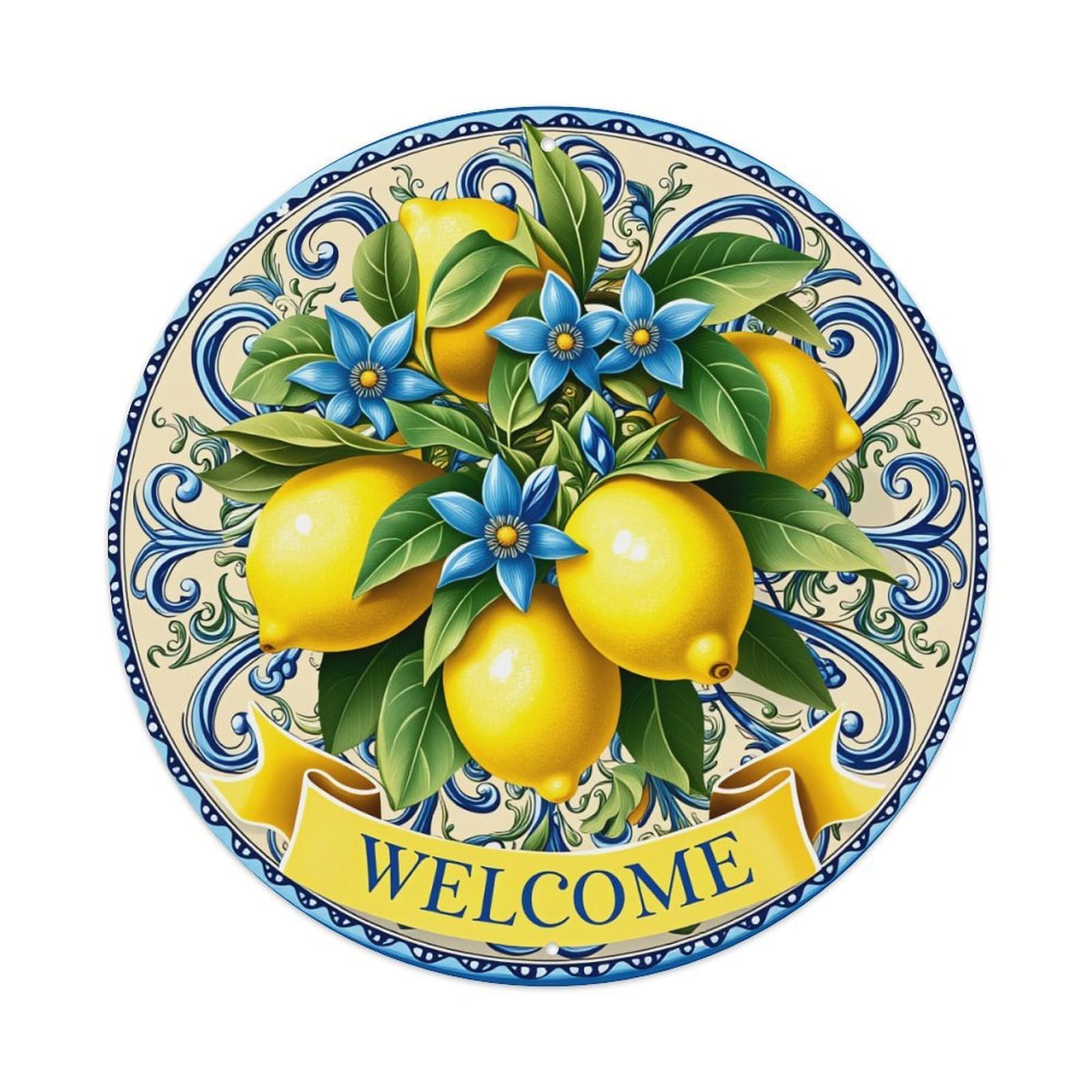 Lemon Flowers Leaves Welcome Pattern Round Tin Sign Vintage Metal Poster, Home Bar Garage Man Cave Cafe Indoor & Outdoor Wall Decoration 8x8Inches