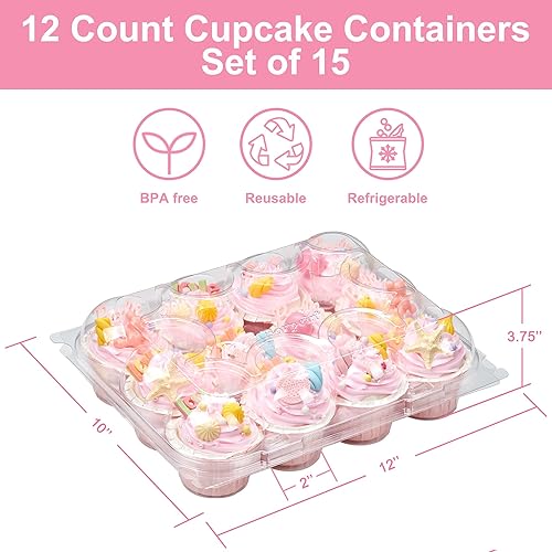 Miniatura 6 de Contenedores para cupcakes, 12 unidades estándar (12 unidades x 15 juegos), cajas resistentes y fuertes para 12 cupcakes, soportes desechables para