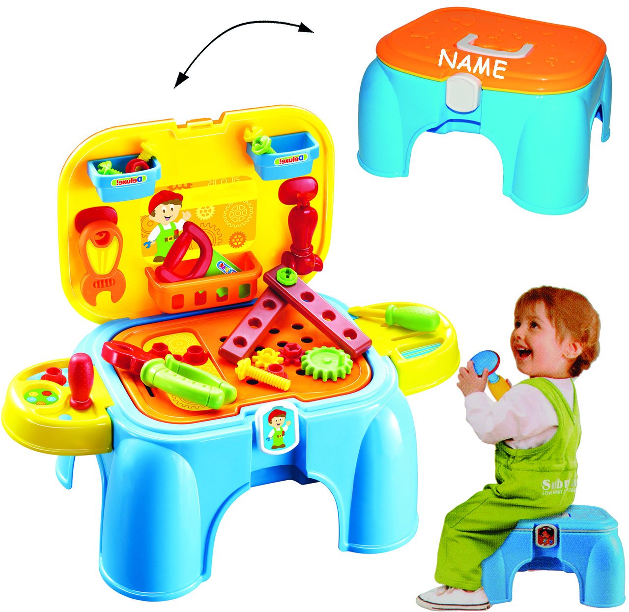 alles-meine.de GmbH 3 TLG. XXL Set Doktorkoffer/Werkzeugbank/Schminkkoffer - mit Zubehör - incl. Name - aufklappbarer Koffer/Trittschemel/Kindersitz - Doktorset - S..