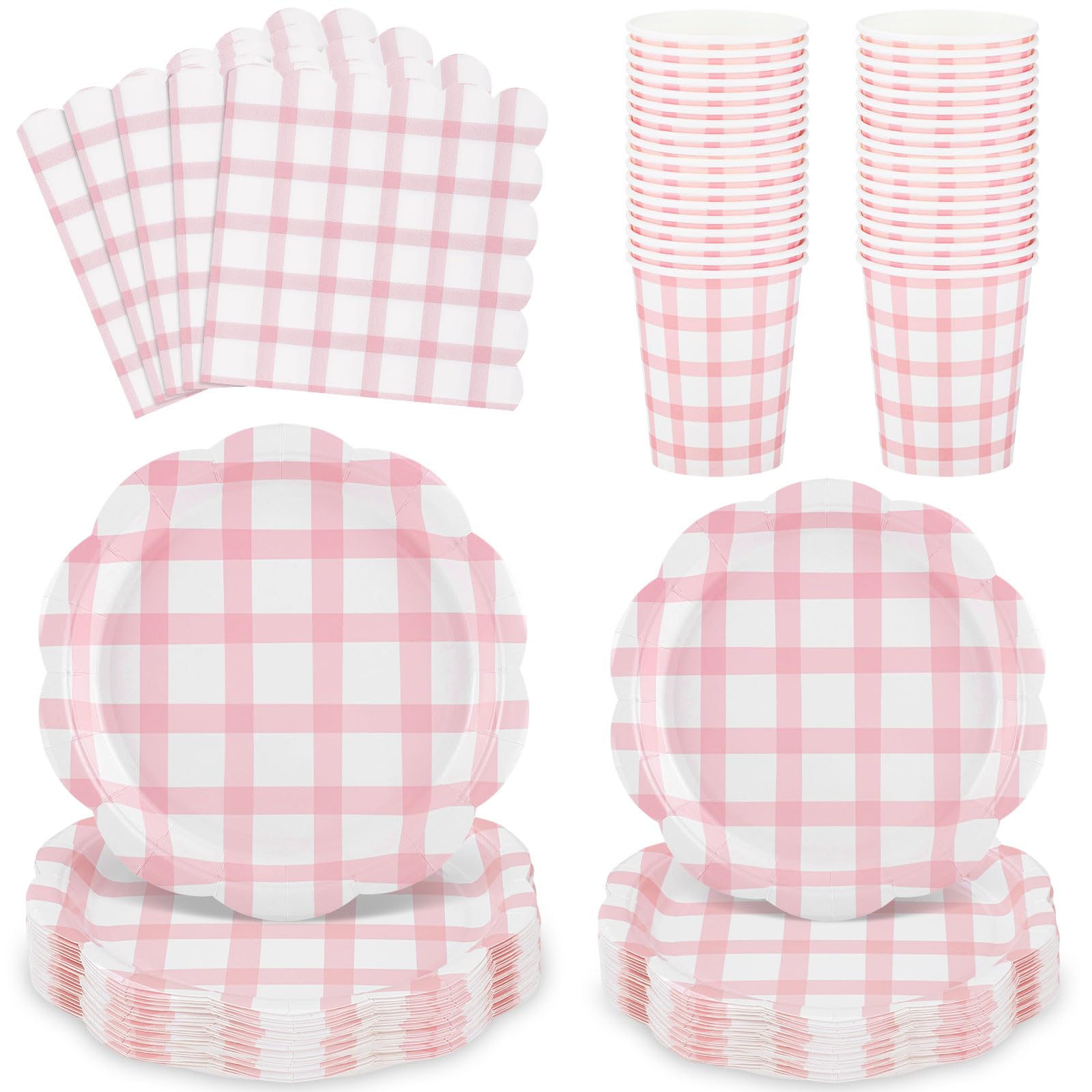 NatNarr 96 Pcs Pink Gingham Party Supplies Include Scalloped Paper Plates and Napkins Disposable Party Tableware Serve 24 for Birthday, Baby Shower, Wedding, Tea Parties and Picnic