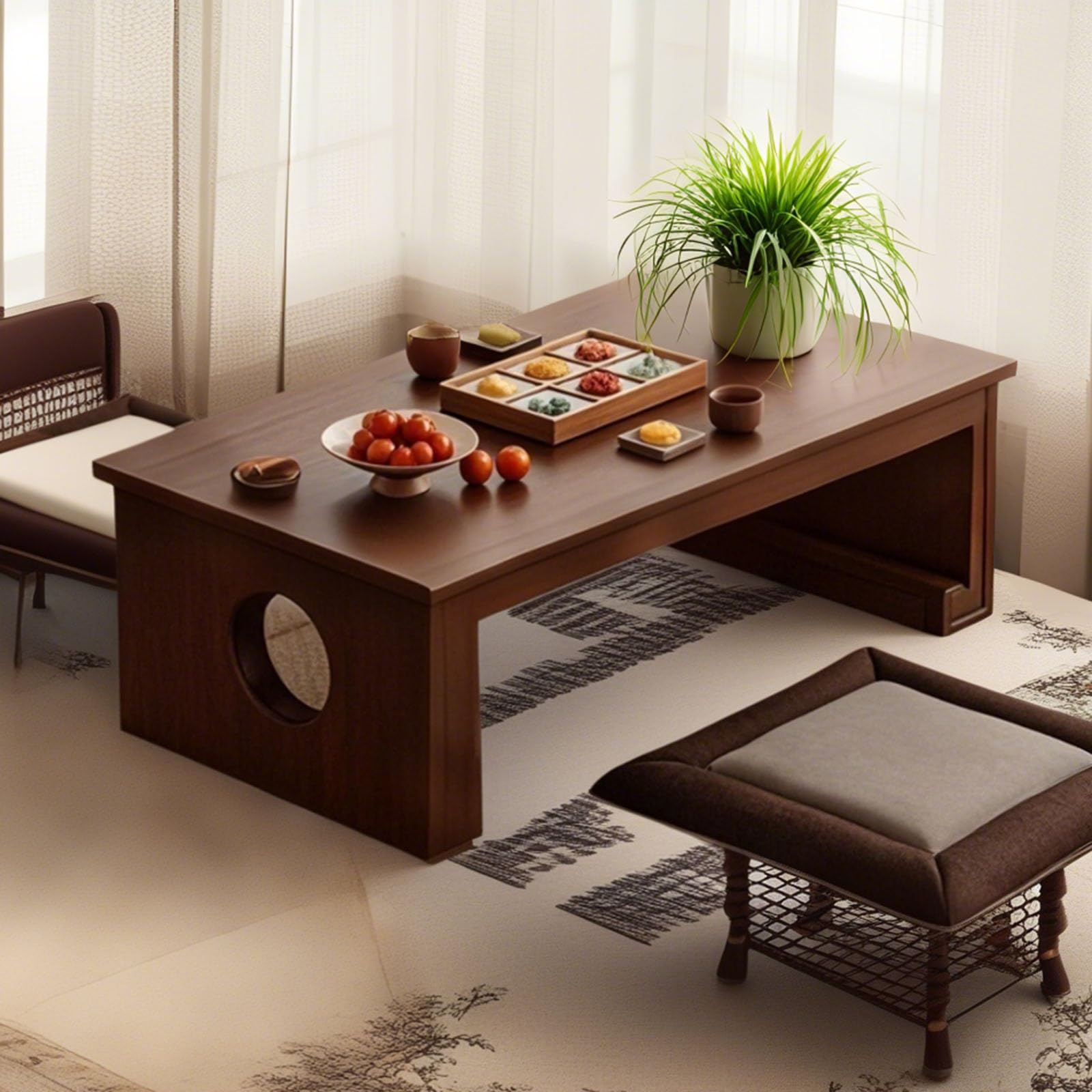 Table basse japonaise avec coussins en bois massif pour salle à manger, thé, tatami, maison, bureau, salon, méditation, balcon