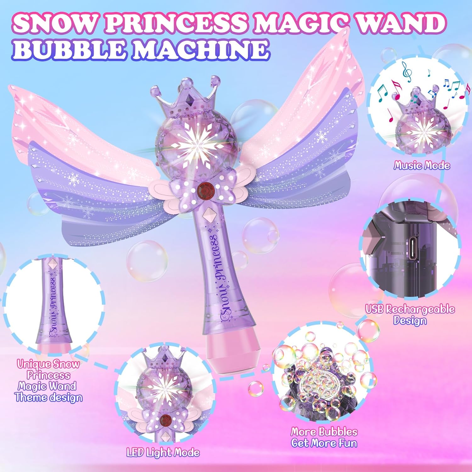 Princess Bubble Wand,Rechargeable Bubble Machine for Kids,Light Up & Music Bubble Maker,Bubble Blower,Outdoor Halloween Party Birthday Bubble Toy for Toddlers,Gift for Girls Age 3 4 5 6 7 8 Years Old.