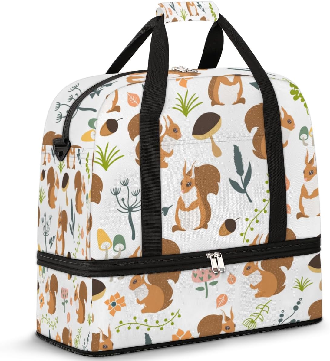 QsirBC Squirrel Lovely Design Gym Bag for Women Duffle Tote with Shoes Compartment Men Weekender Duffel for Dance Travel Sports Swimming Overnight