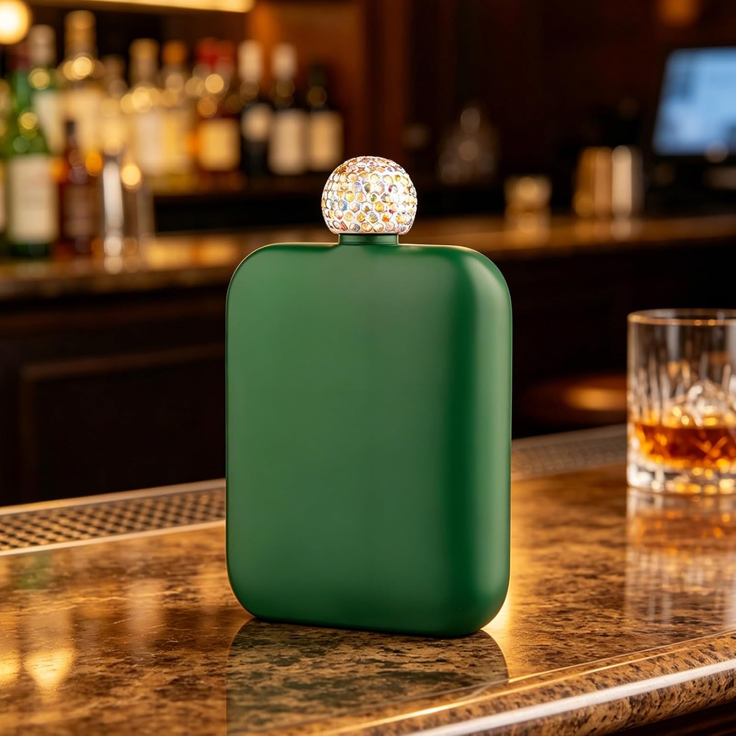 Stainless Steel Square Drinking Flask with Rhinestones, Silver