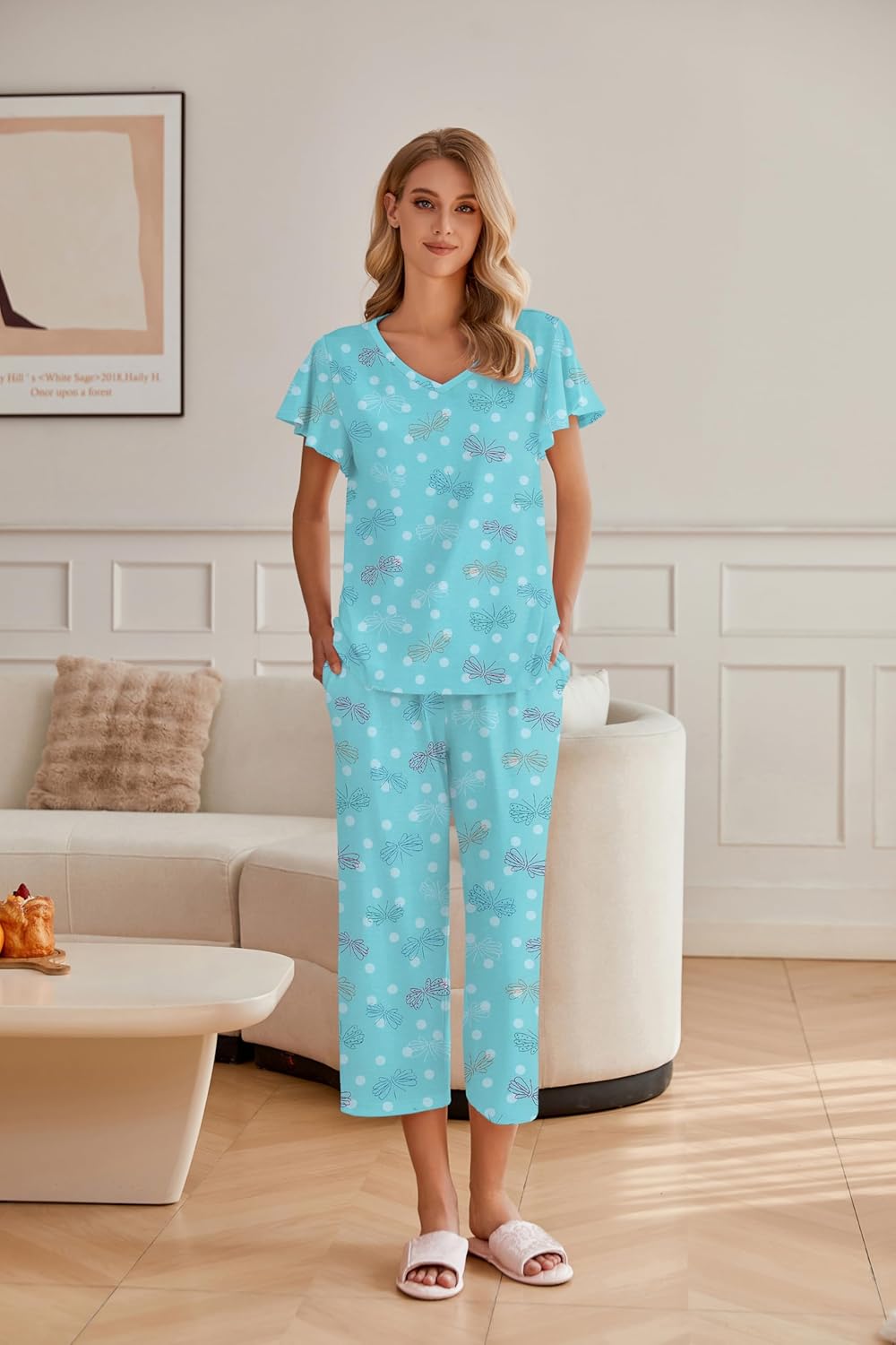 Ekouaer Womens Cotton Pajamas Sets Short Sleeve Tops and Capri Pants Sleepwear Loungewear with Pockets - Image 2