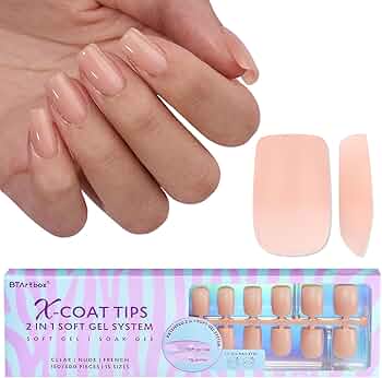Short Sqaure Gel Nail Tips - BTArtboxnails Nude Peach Soft Gel Nail Tips, 2 in 1 Neutral X-coat Tips Pre-applied Tip Primer, Stronger Adhesion Press On Fake Nails Short for Nail Extension