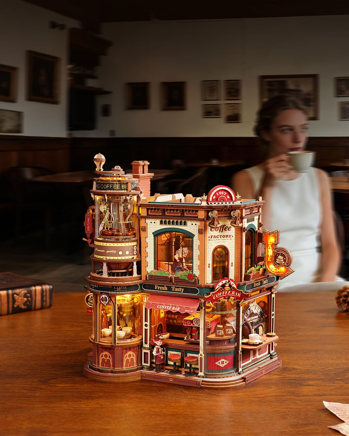 ROKR Moving Dream Coffee Factory DIY Miniature House Kit - 3D Wooden Puzzles for Adults with Music Box & LED Lights, No Glue Kinetic Model Building Kit, Unique Home Decor Gifts for Adults Women Men - 3