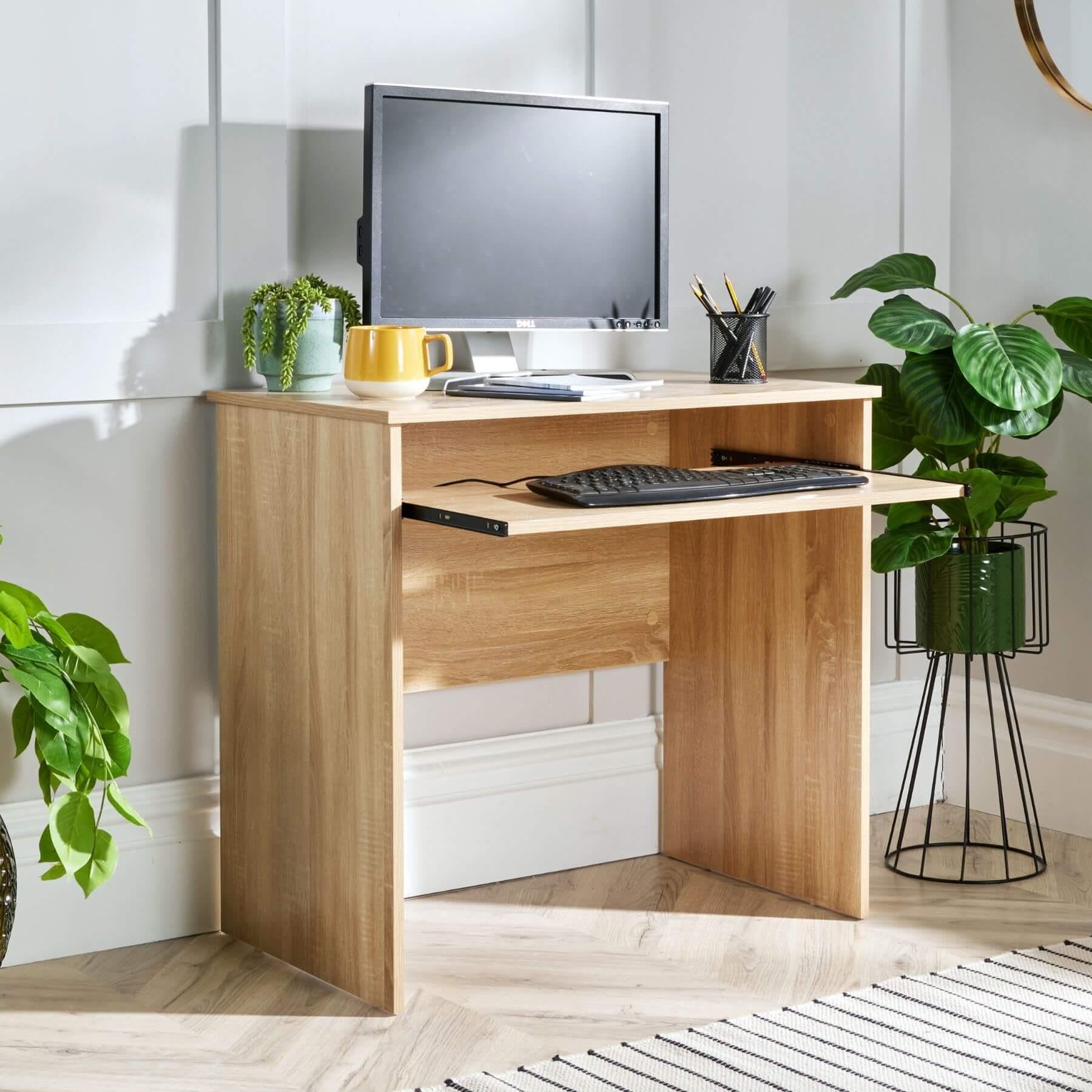 Home Source Compact Computer Office Desk PC Laptop Table, Study Gaming, Oak Effect, 80cm