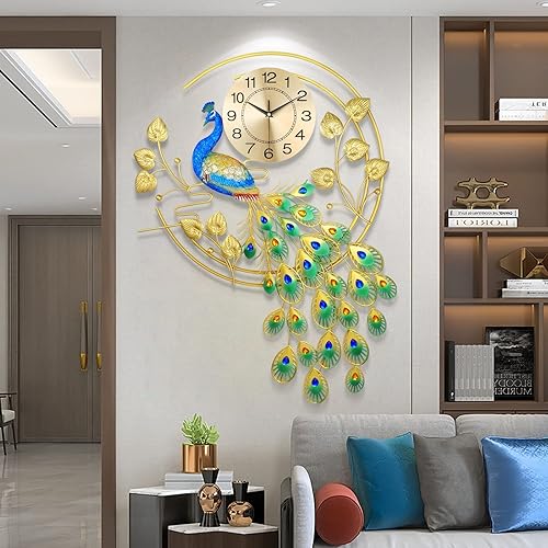 Miniatura 10 de Reloj de pared grande de pavo real silencioso sin tictac, reloj de pavo real creativo 3D de lujo de mediados de siglo, relojes de pared de pavo real