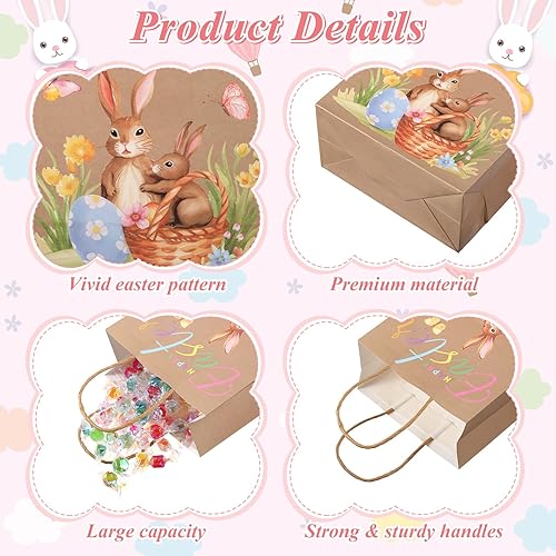 Miniatura 3 de Capoda 24 bolsas de regalo de Pascua, bolsas de papel kraft con asas para dulces decoradas con diseño de caza de huevos de Pascua y pollitos para