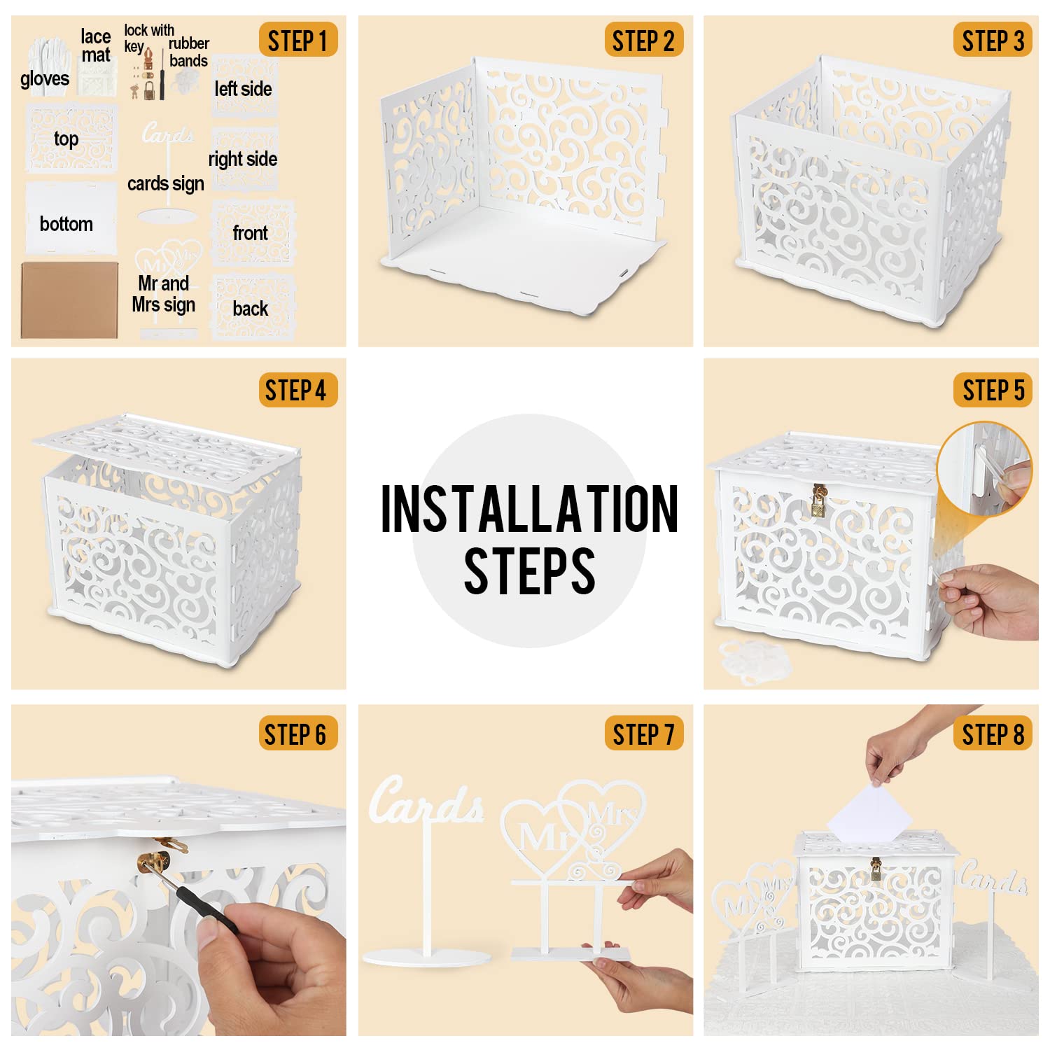Amazon.com: Wedding Card Box, KPOSIYA Hollow Out Wooden Card Box with Lock  & Card Sign & Lace Table Mat , Wedding Decorations Card Receiving Box Card  Box for Wedding Reception Birthday Party