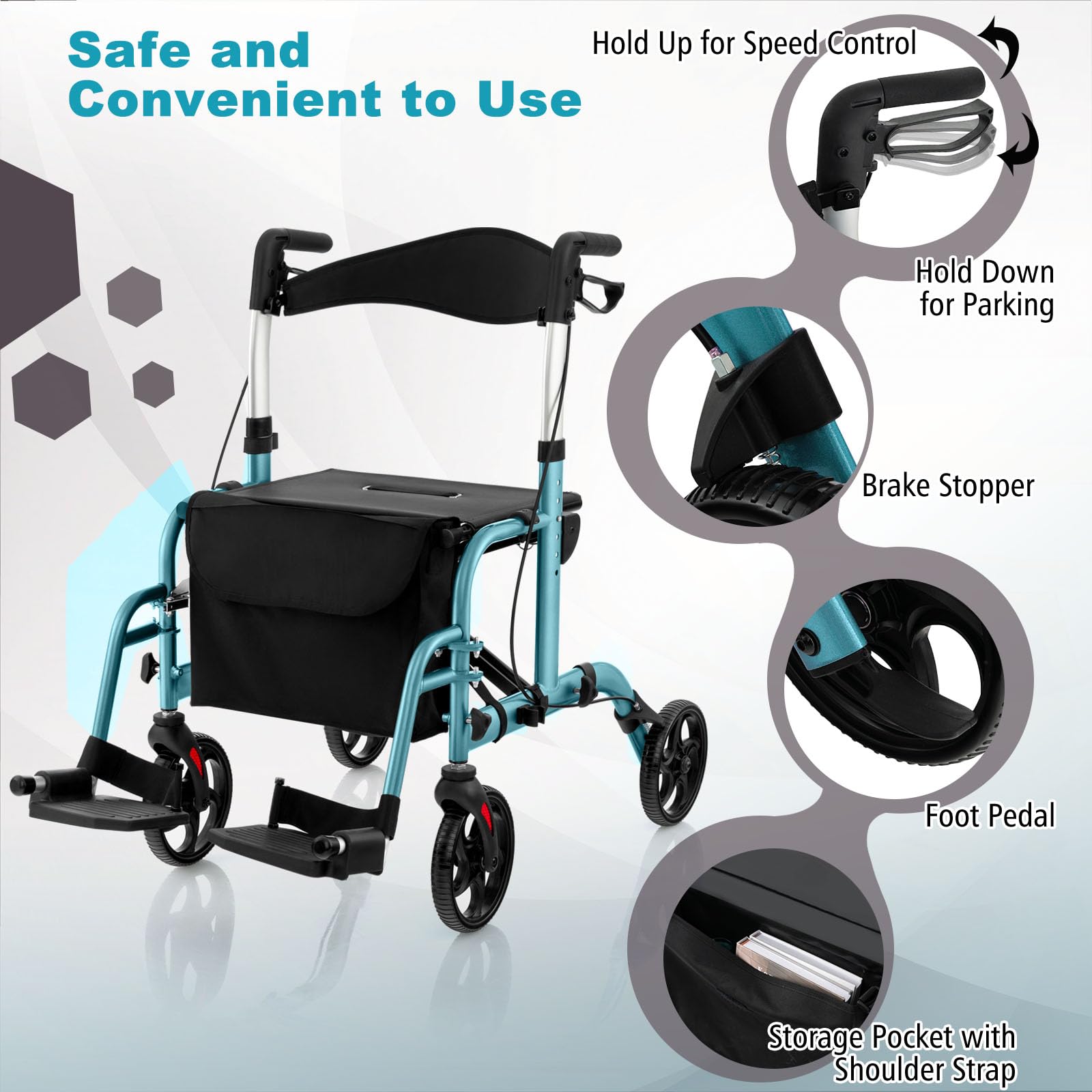 HOMASIS Andador para Ancianos con Asiento, Caminadores para Adultos de Aluminio,136 kg, Ajustables de 6 Niveles, Soporte para Bastón/Paraguas, Tacataca Plegable para Personas Mayores (Azul Marino)