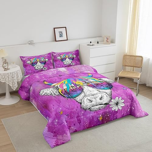 Miniatura 2 de Erosebridal Juego de edredón de ganado de las tierras altas, juego de ropa de cama de cielo estrellado para niñas, tamaño King, juegos de edredón de