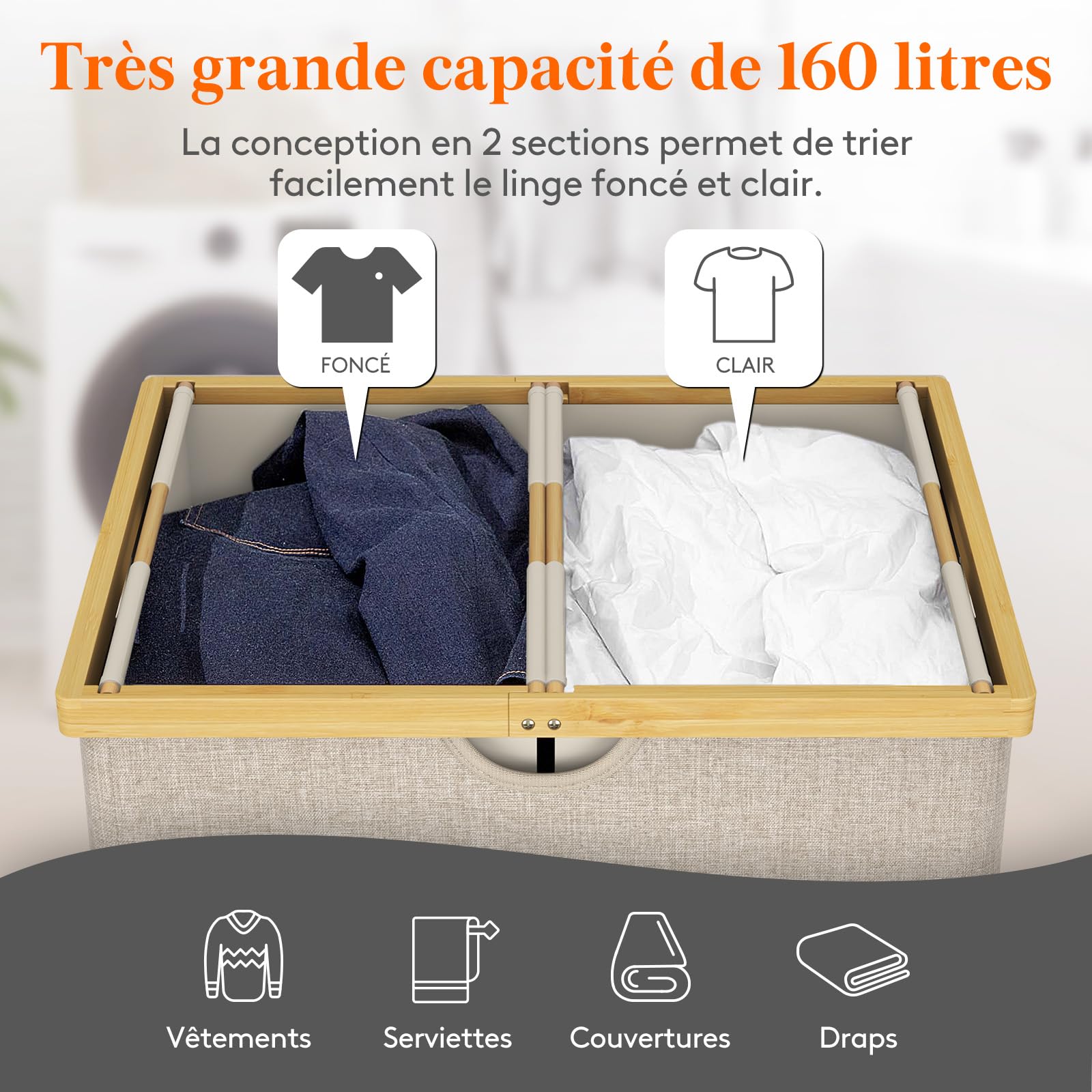 Lifewit Panier a Linge en Bambou, Corbeille a Linge Pliable avec Couvercle, Grand Bac a Linge avec Sacs Amovibles pour Chambre, Salle de Bain, Buanderie, 160 L, Beige