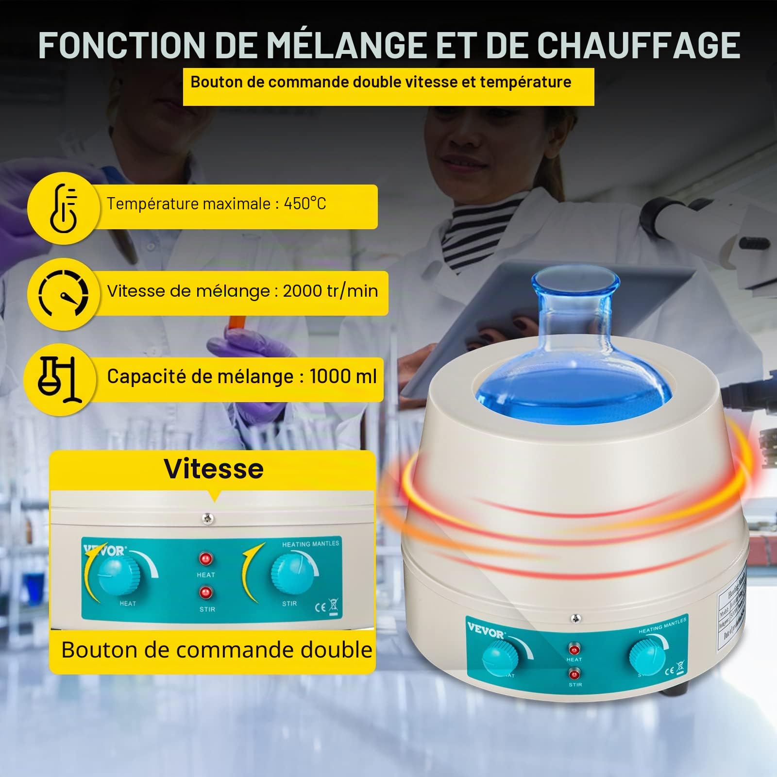 VEVOR Agitateur Magnétique 1000ML Manteau Chauffant 350W Manteau Chauffant Agitateur Affichage Numérique pour flacon à fond rond