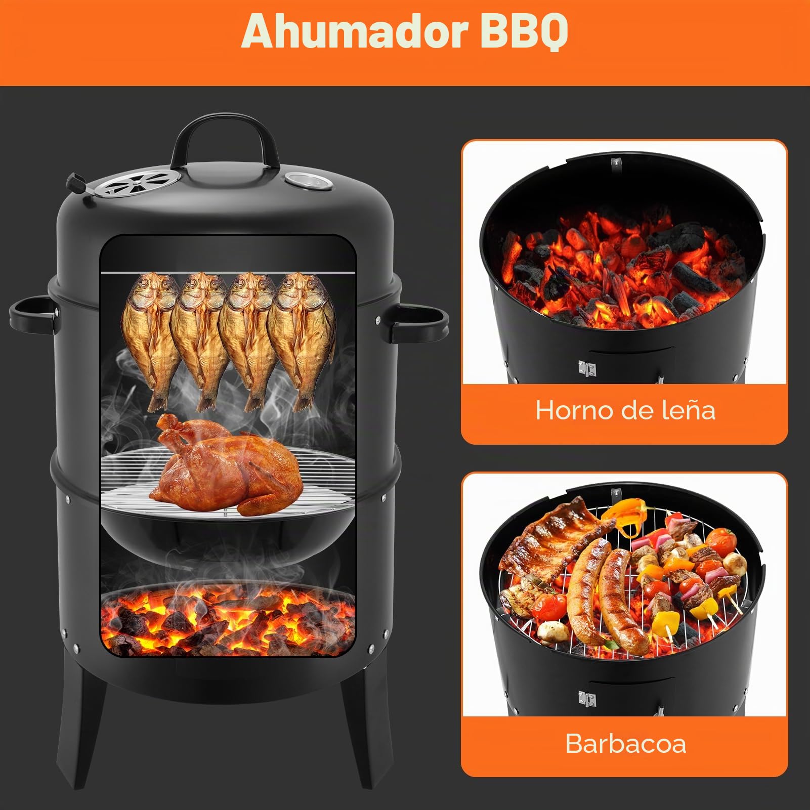 Barbacoa ahumadora, diámetro de 41 cm, gran barbacoa para exteriores con termómetro y 6 ranuras de extracción, barbacoa de carbón vegetal para camping, pícnic, jardín y cocina al aire libre
