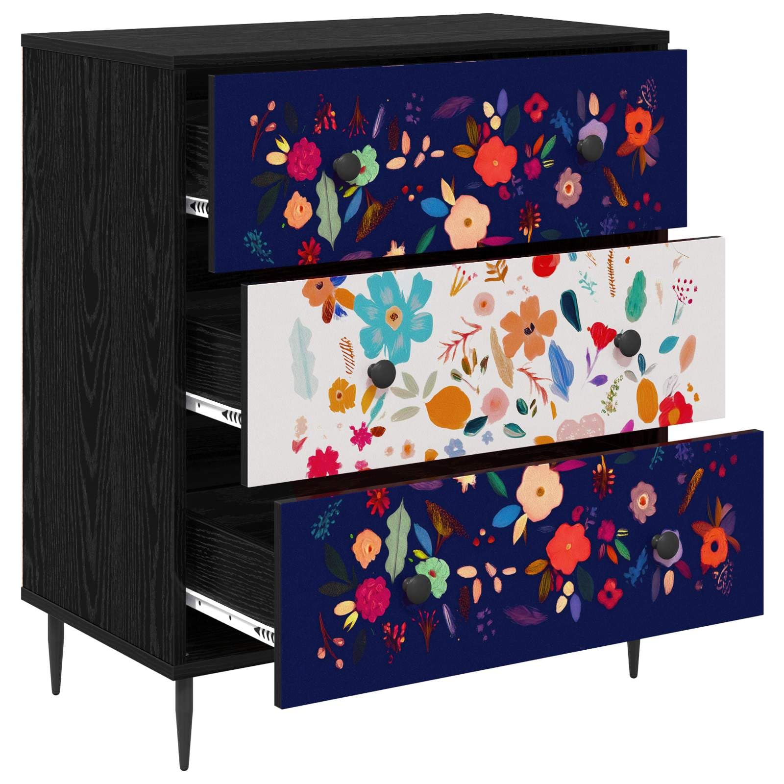 Commode Mainz Motif Floral 66 x 36,5 x 76 cm Chêne Noir 3 Tiroirs