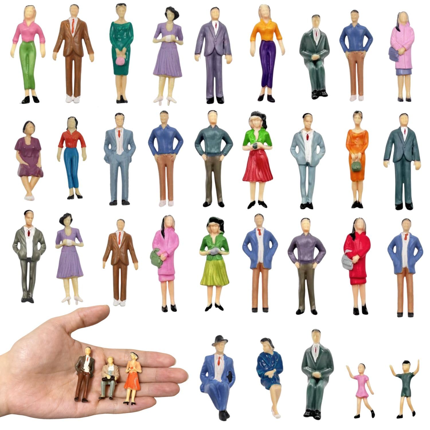 VICDUEKG 30 pezzi in miniatura persone 1: 30 HO scala in miniatura, modellino ferroviario, mini statuette diverse pose dipinte, piccole figure persone, museo seduto e in piedi