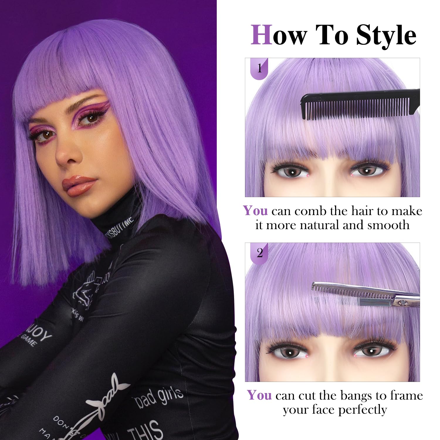 ? Women Purple Short Bob Wigs Straight Bangs Lavender Synthetic Colorful Hair Bob Short Purple Wig with Bangs for Women - Lavender Silky  main image 2