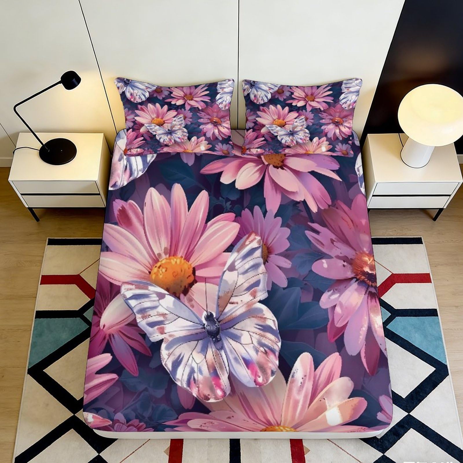 3D Printed Butterfly Floral Fitted Sheet Microfiber Pink Purple Bed Sheet for Bedroom Guest Room Mattress Cover Decor 90x200x25cm