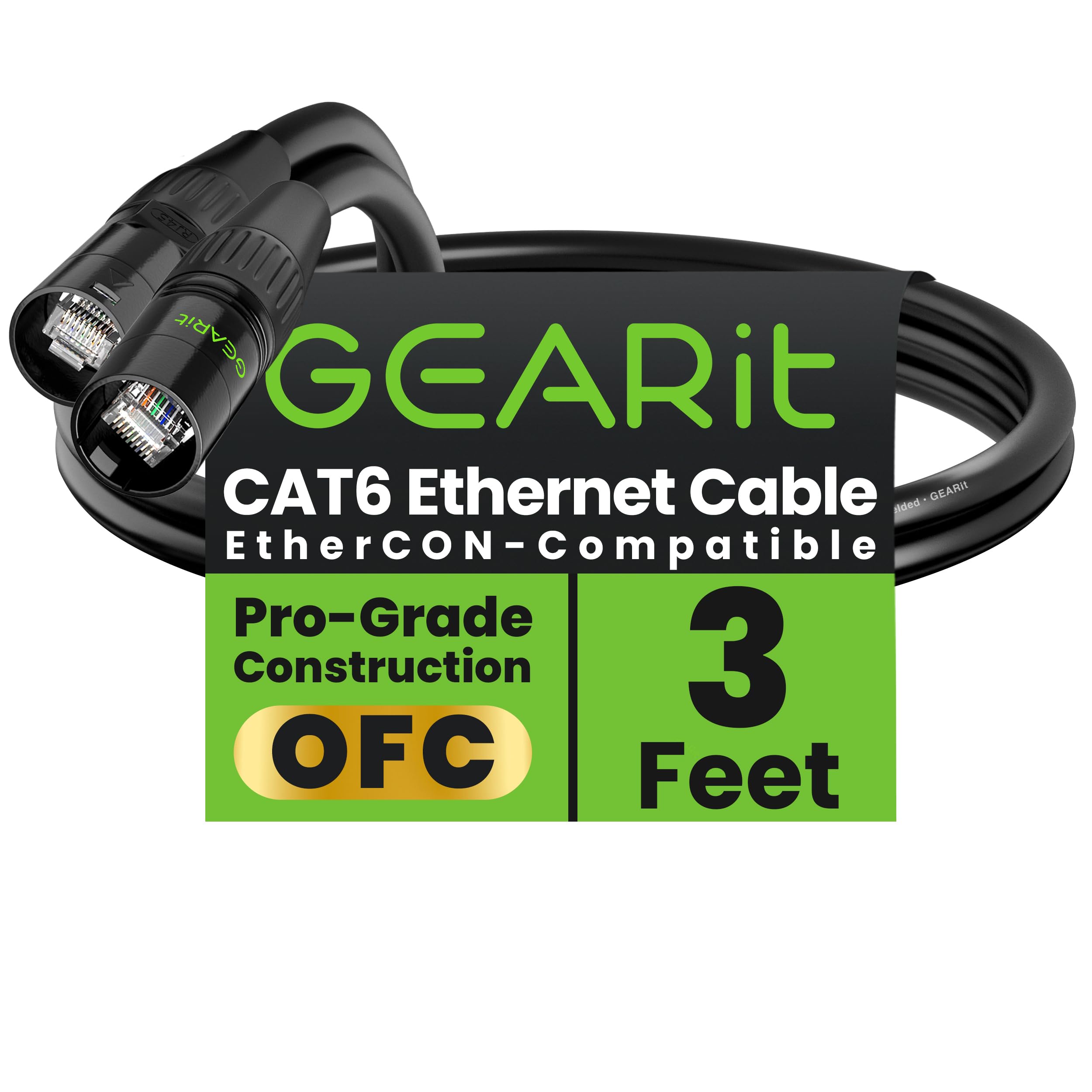 Shielded CAT6 Ethercon Cable (3 Feet) Professional Audio & Lighting RJ45 EtherCON-Compatible Cable for Studio, Stage, Concerts - 3ft Black