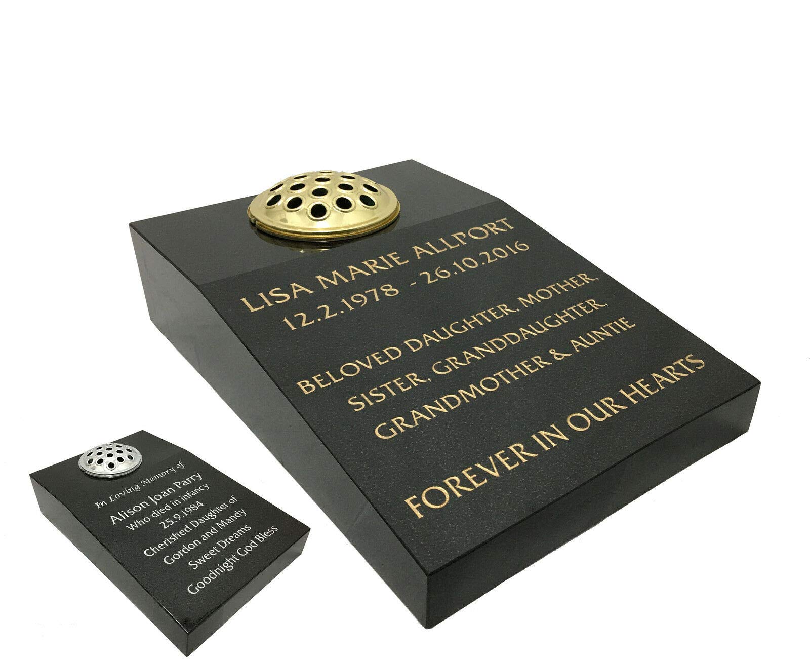 Elegant Memorials Gold,Silver,Black Black Granite Vase Wedge Grave Memorial - Any Inscription On Demand 18"X 12"X 4"