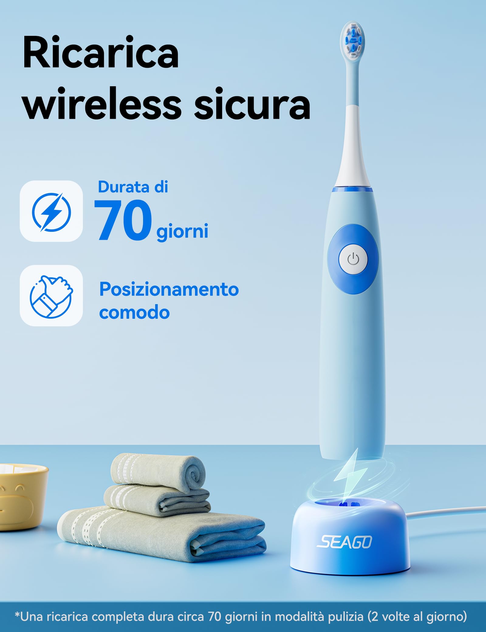 Seago Spazzolino da denti elettrico per bambini dai 5 ai 8 anni, Spazzolino da denti elettrico per bambini con stazione di ricarica, senza BPA, manico antiscivolo in silicone alimentare, (Blu)