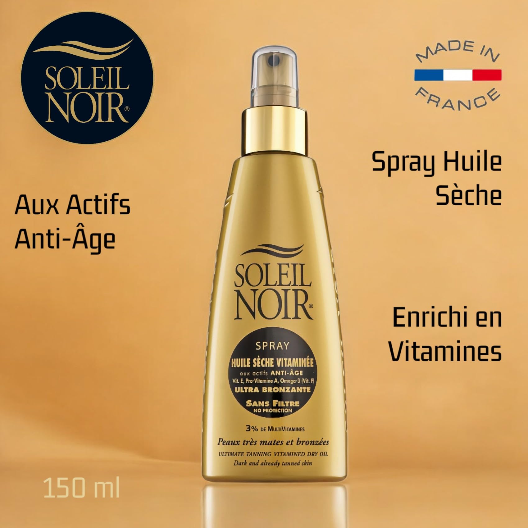 Soleil Noir - Huile Sèche Ultra-Bronzante Vitaminée sans Filtre - Peaux Très Mates et Bronzées - Actifs Anti-Âge et Vitamines - Fabrication Française - Flacon Pompe, 150 ml