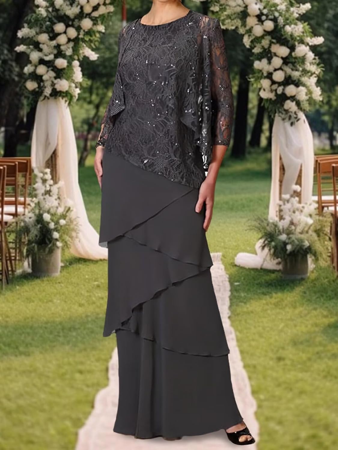 Mother of the Bride Dresses for Wedding Long Evening Formal Dresses Lace Wedding Guest Groom Dress with Jacket Sequin