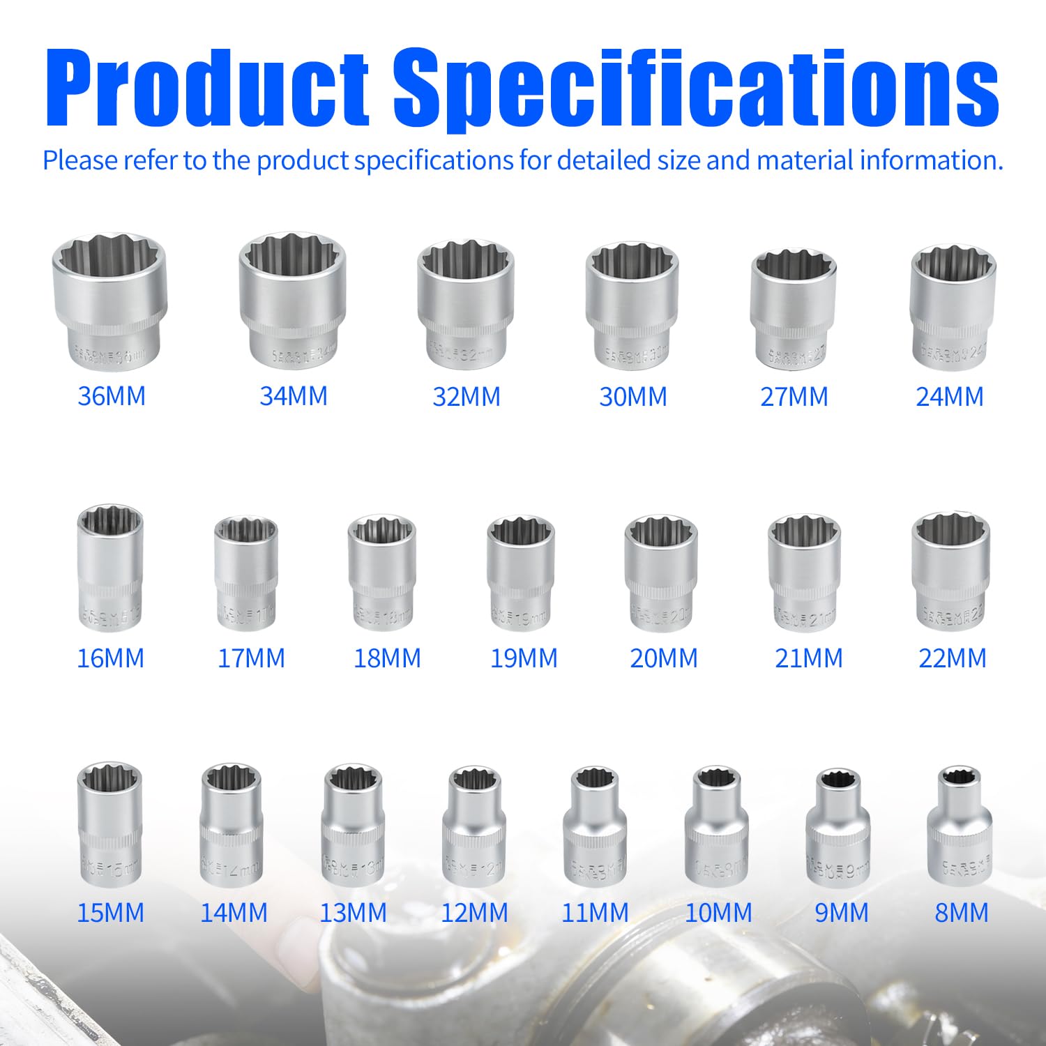 Set di 21 chiavi a bussola scanalate, attacco da 1/2" metrico 8-36 mm, kit di chiavi a bussola a 12 punti Cr-V multi-dente