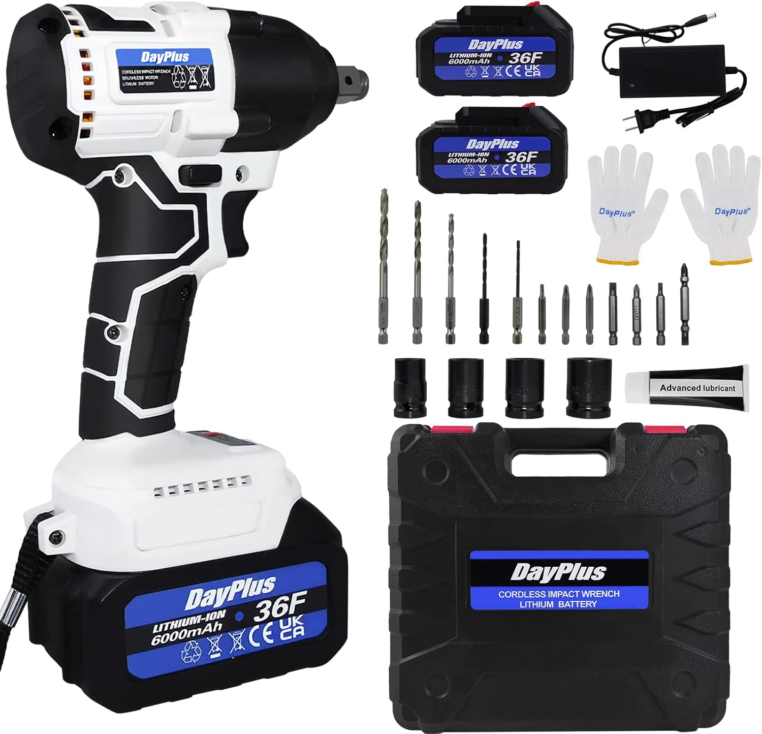 Electric Cordless Impact Wrench 1/2 Inch, 21V Brushless Impact Gun Set with 2x6.0Ah Battery and Charger, 310Ft-lbs (420N.m) High Torque Battery Power Impact Wrench Kit, 4 Sockets, 12 Drills Screws Bit