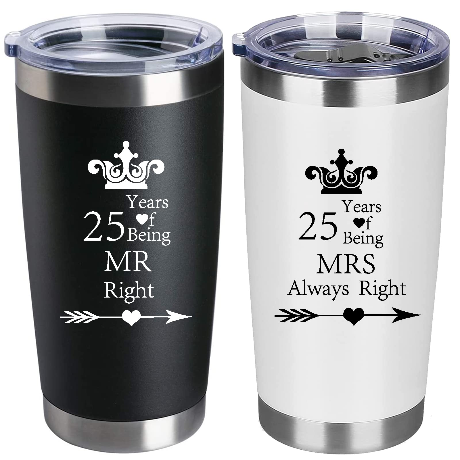 HLIKEM Set of 2 25th Wedding Engagement Anniversary Tumblers for Couples Parents 20 OZ Stainless Steel Insulated Car Tumbler Travel Mug Mr Right Mrs