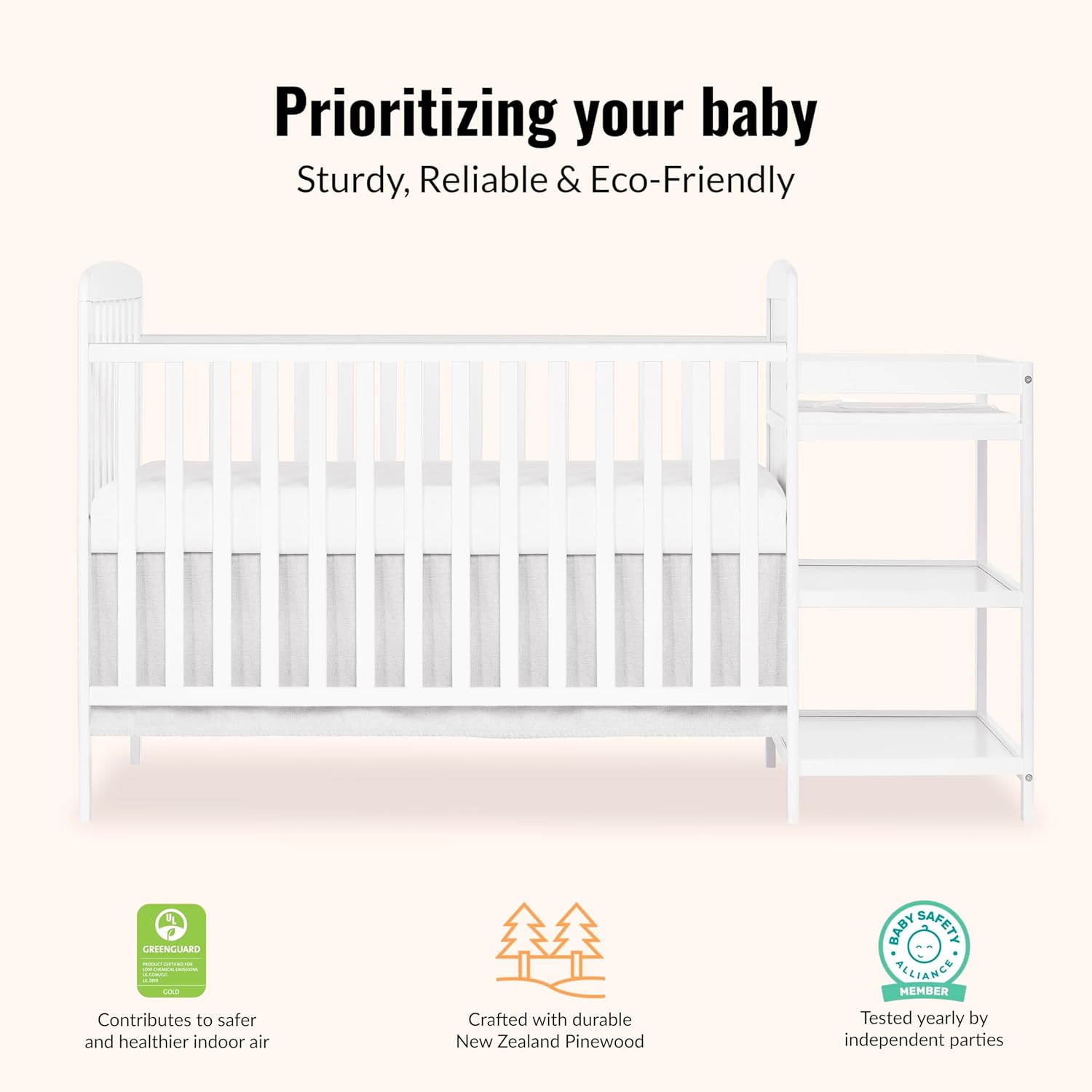 Dream On Me Anna 3-in-1 Convertible Full-Size Baby Crib & Changer with Storage in White, GreenGuard Gold & JPMA, Pinewood, Converts to Day & Toddler Bed, 3 Mattress Heights, 1″ Changing Pad