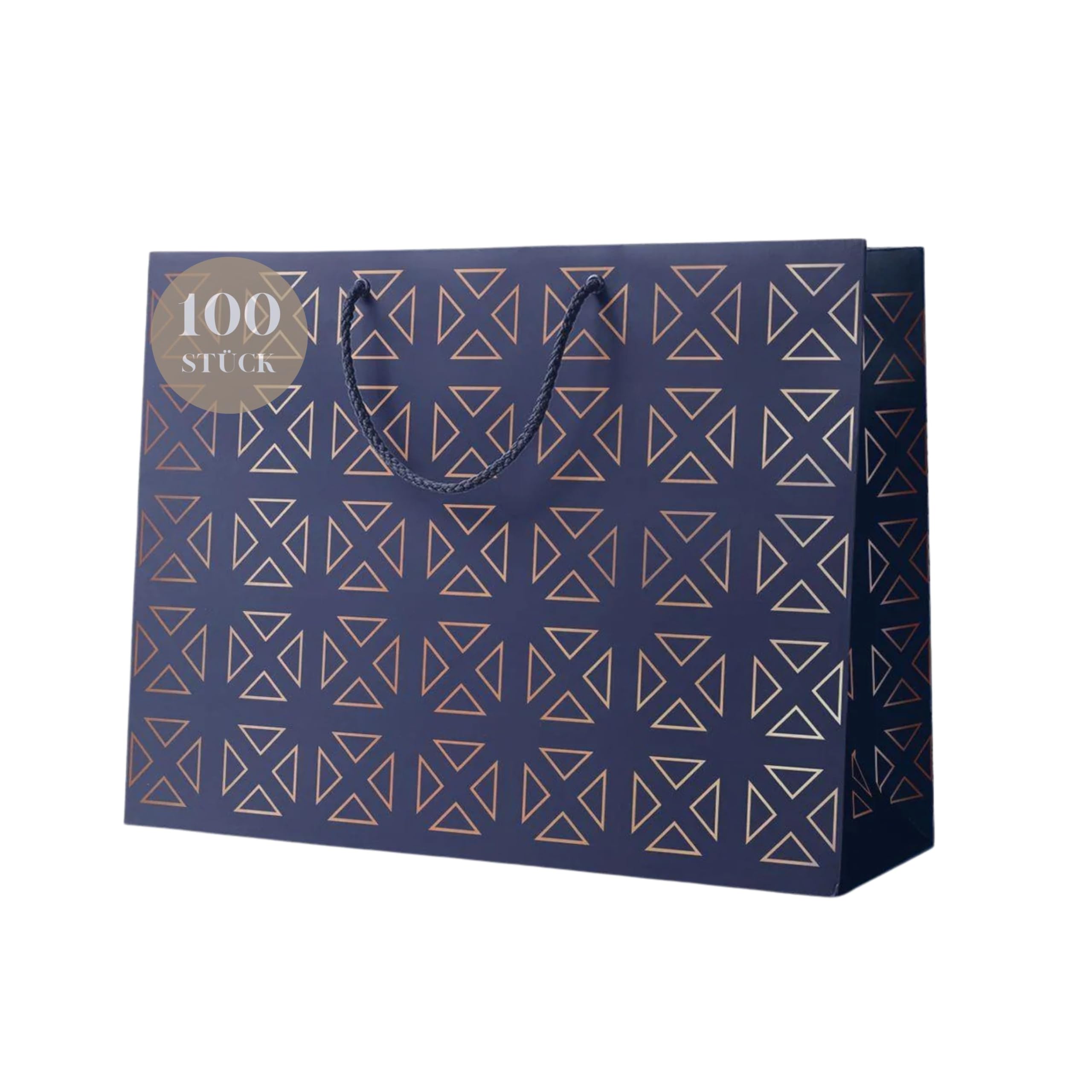 Inoverse 100 Stück Geschenktüten mit Henkel, 37 × 25 × 11 cm – Große Stabile Kraftpapiertüten mit Blau-Muster, Premium Geschenktaschen für Geburtstag, Hochzeit, Party & Einzelhandel