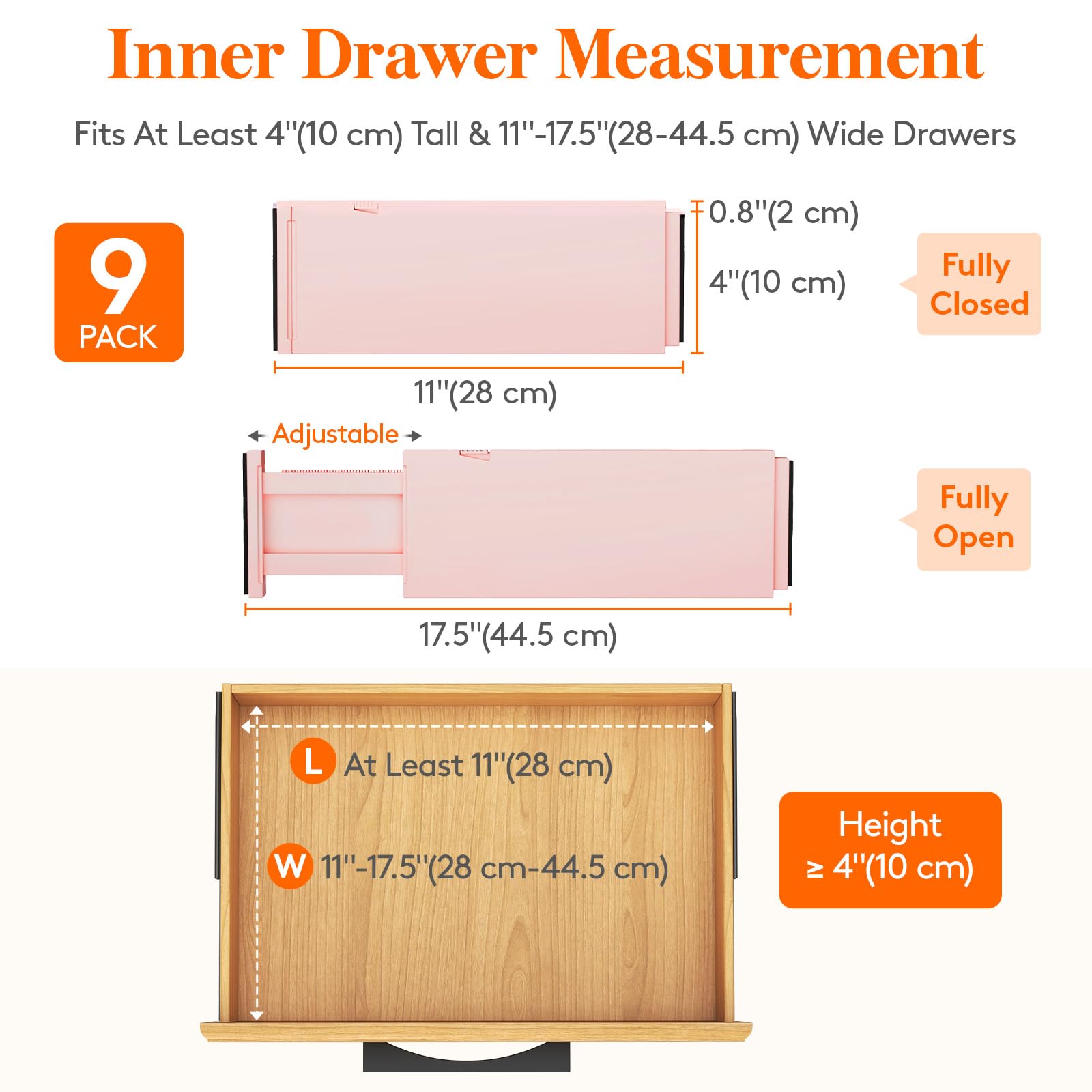 Lifewit Confezione da 9 divisori per cassetti alti 10,2 cm, regolabili da 27,9 a 43,2 cm, separatori espandibili per comò in camera da letto, bagno, cucina, frigorifero, ufficio, organizzazione e