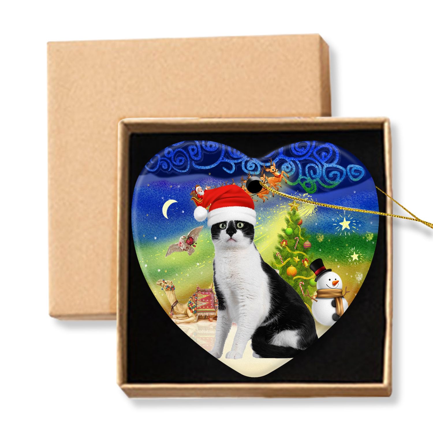 Christmas Ornaments Tuxedo Cat in Christmas Santa Hat Christmas Tree Decoration Gifts Keepsake for a Pet Lover Heart Shaped Ceramic Ornament Xmas Ornament 3" with Gift Box